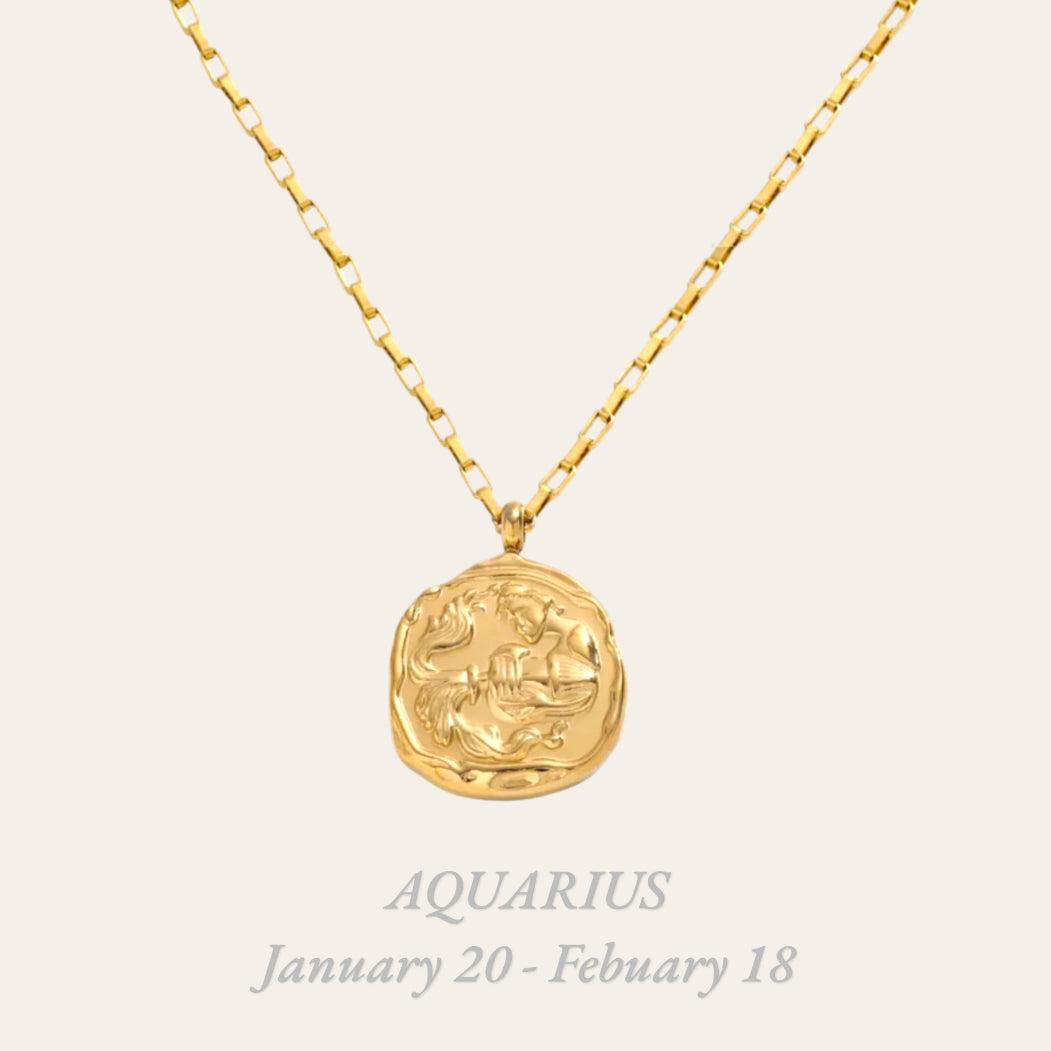 Aquarius Zodiac Necklace in 18k gold-plated stainless steel, waterproof hypoallergenic astrology jewelry