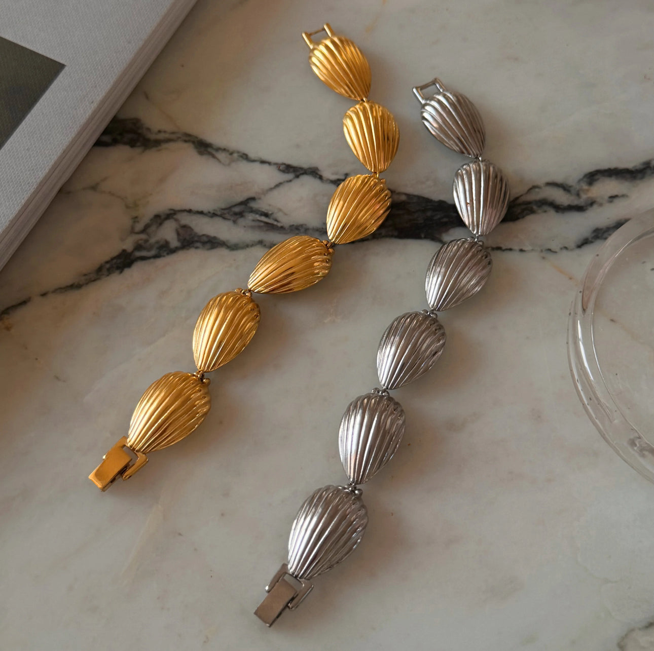 Aurora Shell Bracelet with sculpted seashell links, 18k gold-plated stainless steel, waterproof tarnish-free jewelry