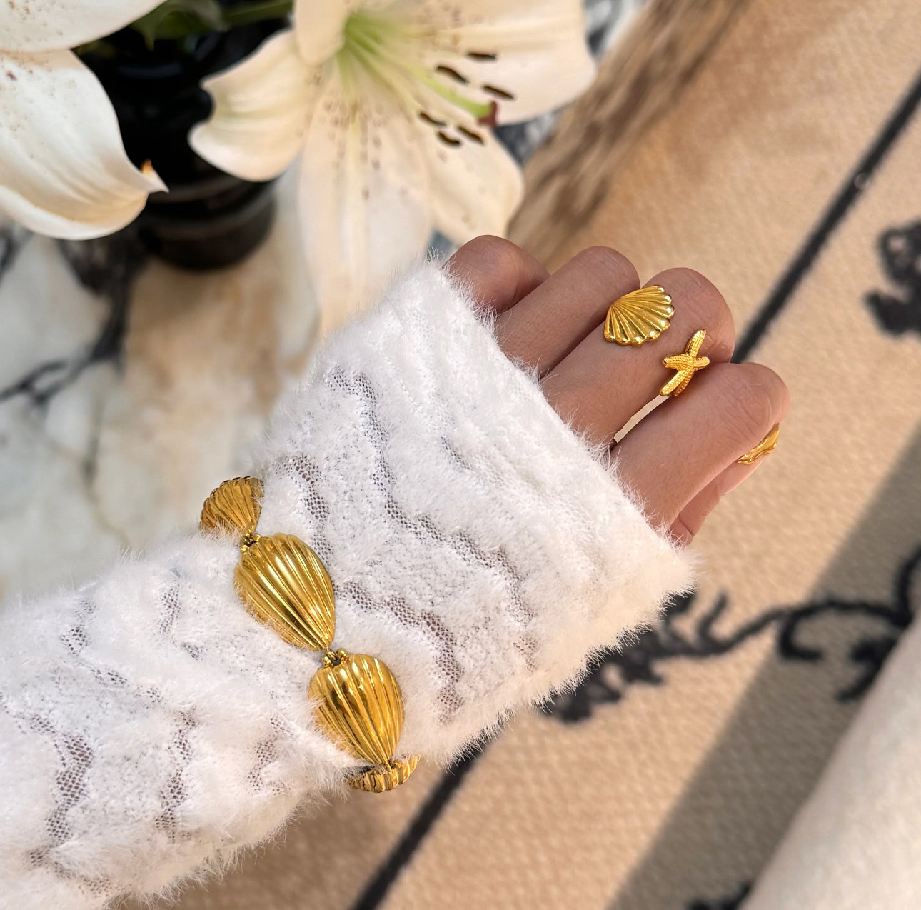 Aurora Shell Bracelet styled on wrist, 18k gold-plated stainless steel, tarnish-free hypoallergenic bracelet gift