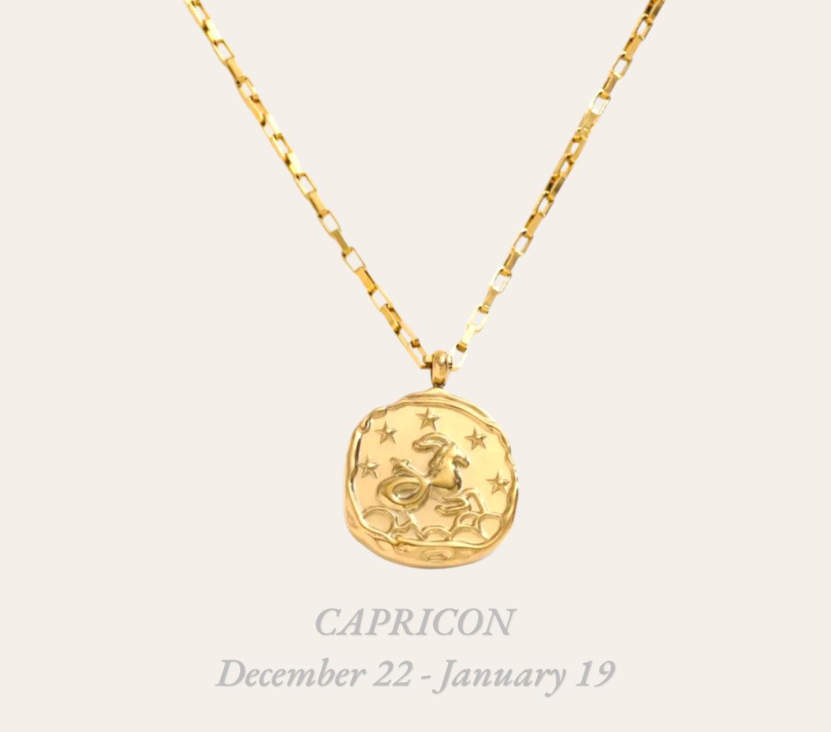 Capricorn Zodiac Necklace in 18k gold-plated stainless steel, hypoallergenic tarnish-free astrology pendant