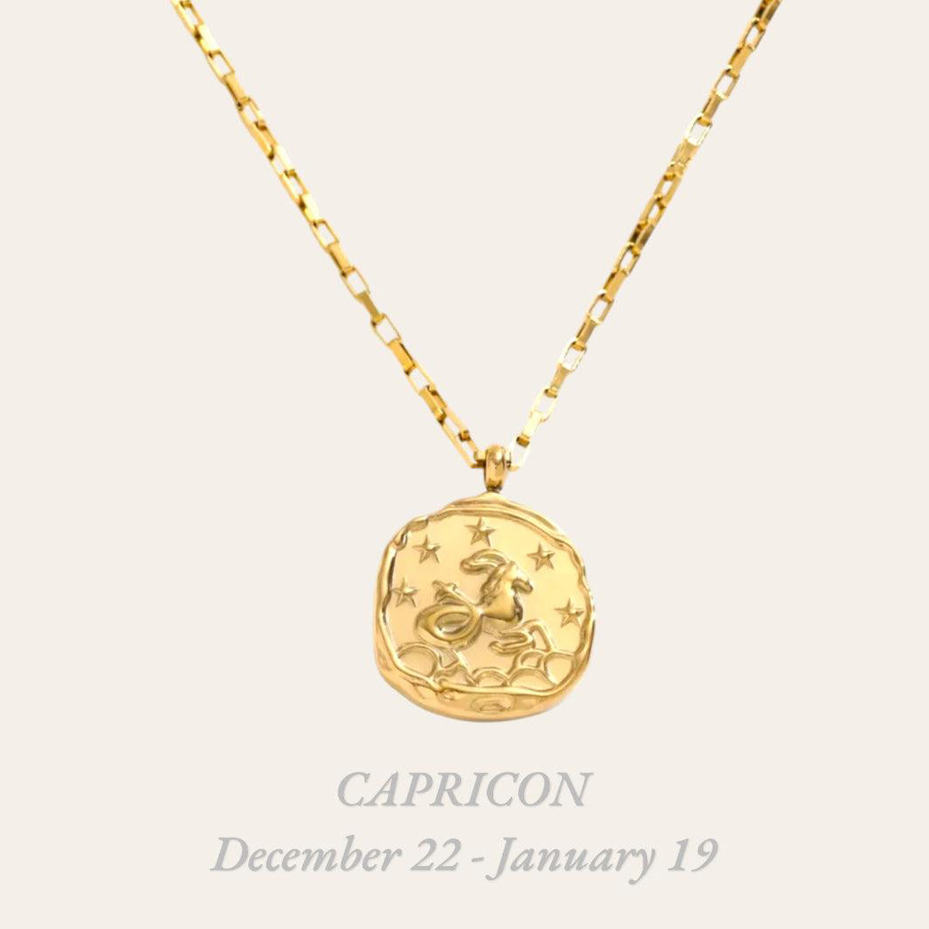 Capricorn Zodiac Necklace in 18k gold-plated stainless steel, hypoallergenic tarnish-free astrology pendant