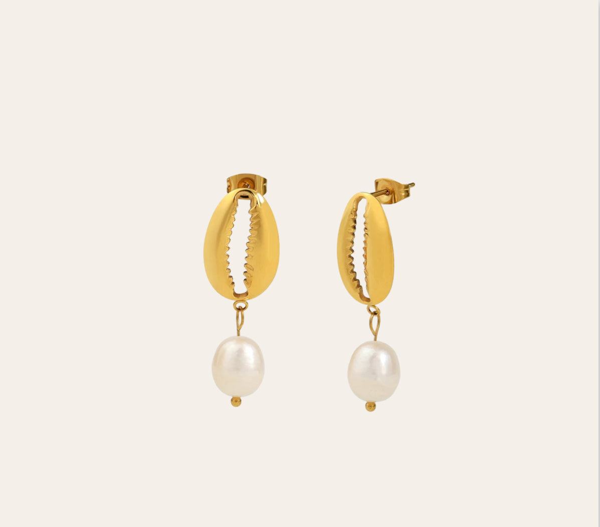 Cowrei Shell Earrings — shell stud with imitation-pearl drop (gold-plated)