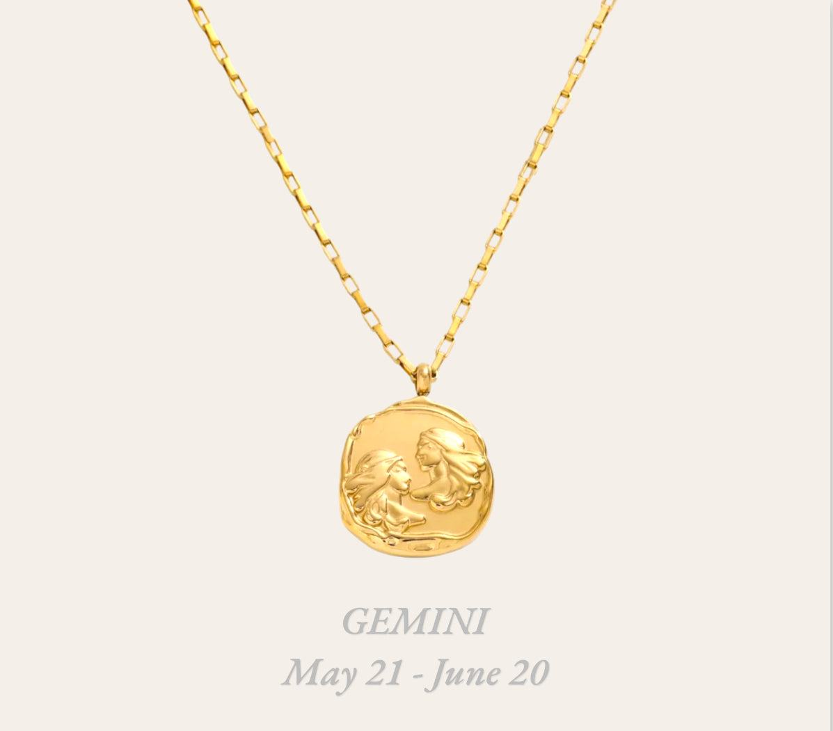 Gemini Zodiac Necklace in 18k gold-plated stainless steel, waterproof hypoallergenic astrology jewelry