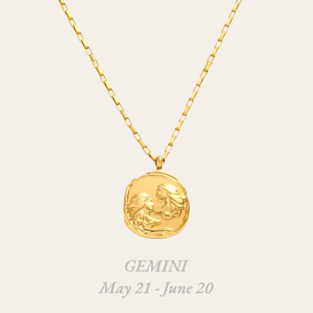 Gemini Zodiac Necklace in 18k gold-plated stainless steel, waterproof hypoallergenic astrology jewelry