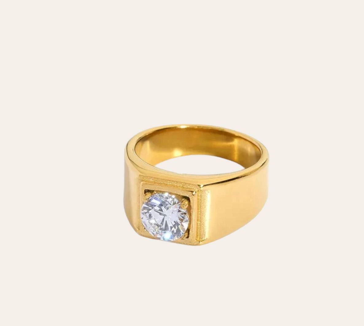 Lucent Ring, square-bezel signet with clear zircon on plain background