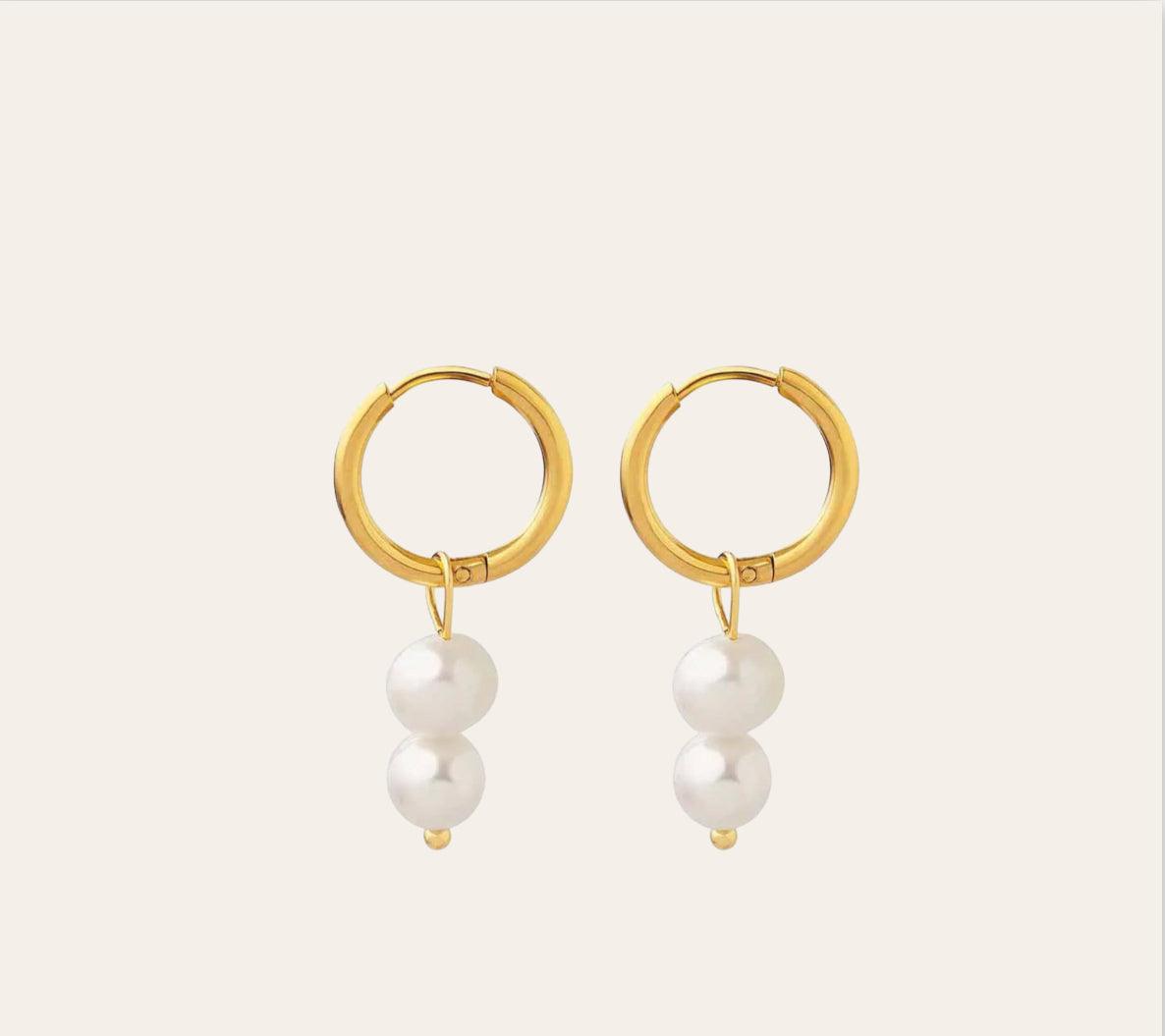 Maya Pearl Earrings — double pearl drop huggies (gold-plated)
