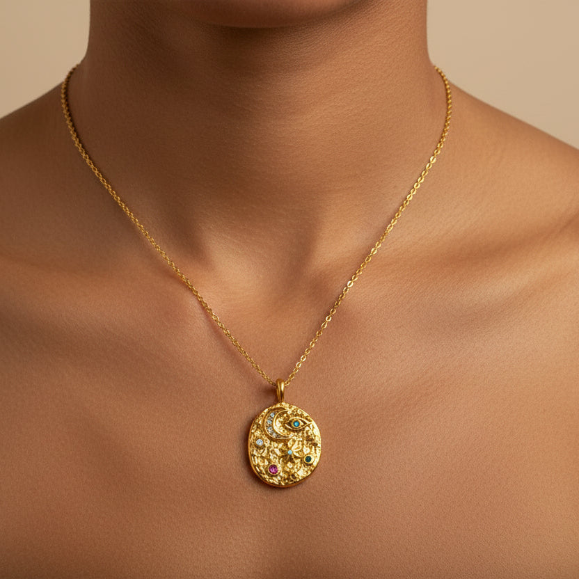 Moonstone Necklace with celestial medallion—crescent moon, zircon and pearl accents, 18k gold-plated 316L