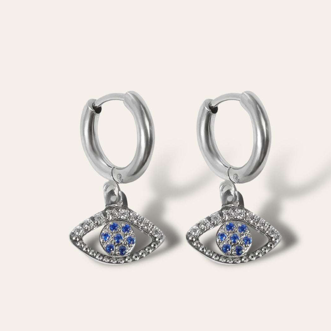 Oceania Hoop Earrings evil-eye charm huggies, clear zircon (stainless sttel)