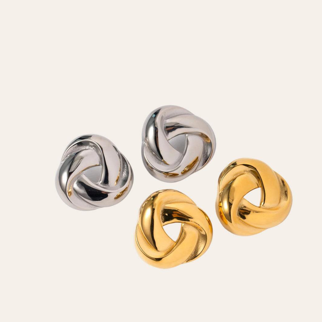 Rhea Knot Earrings, polished knot studs in stainless steel and 18k gold-plated