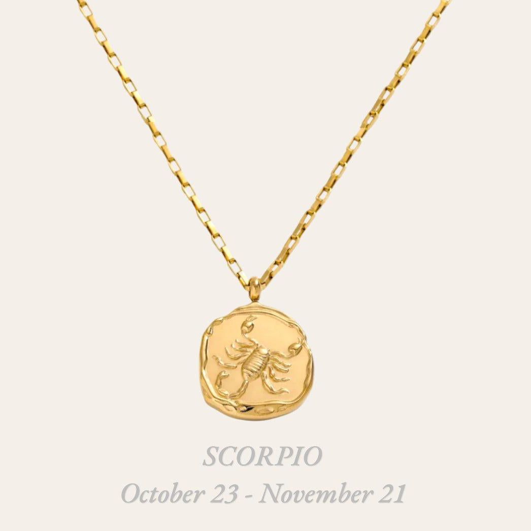 Scorpio Zodiac Necklace in 18k gold-plated stainless steel, tarnish-free hypoallergenic astrology pendant