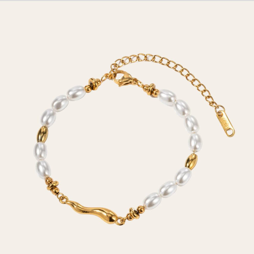 Serene Pearl Strand Bracelet with glassy pearl beads, 18k gold-plated stainless steel, waterproof hypoallergenic jewelry