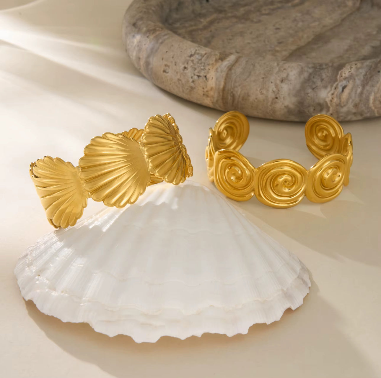Shell Bangle styled with another Glimmer Poise bangle, 18k Gold-Plated Stainless Steel (316L), waterproof hypoallergenic statement jewelry