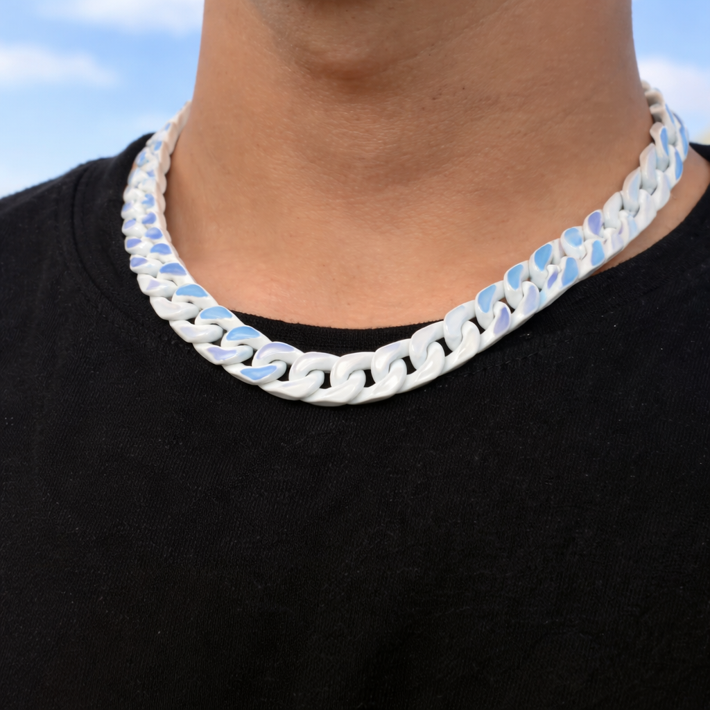 Glacier Chain worn on male model, white ceramic and light blue link necklace styled on white t-shirt