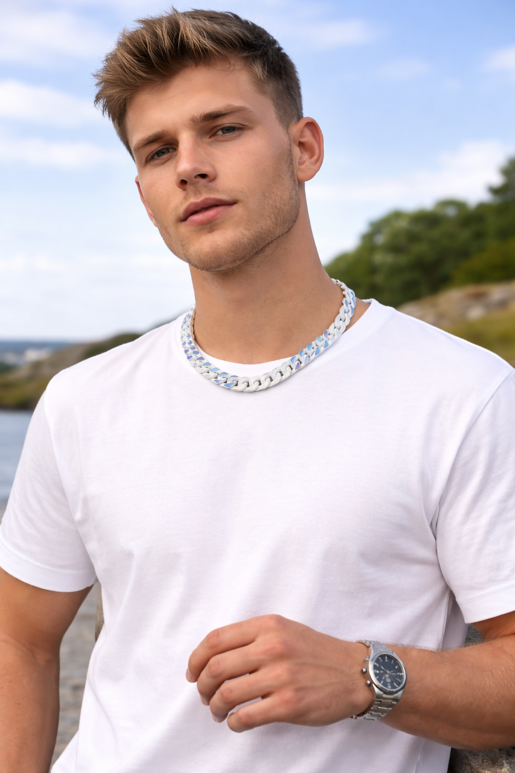 Glacier Chain ceramic necklace on model, white and blue links with stainless steel clasp