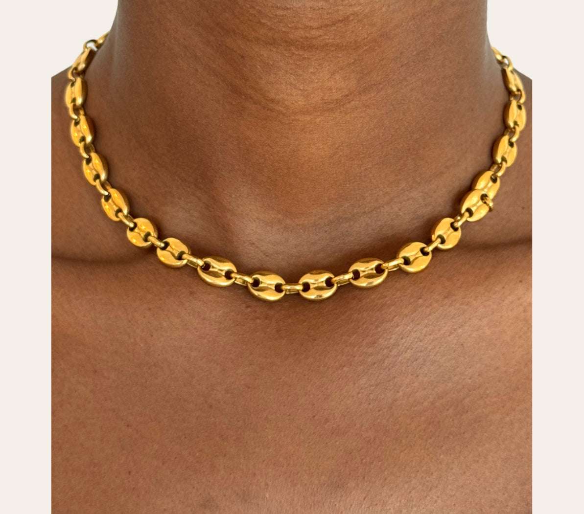 Java Chain Necklace 8 mm worn at 40 cm + extender, high-shine finish