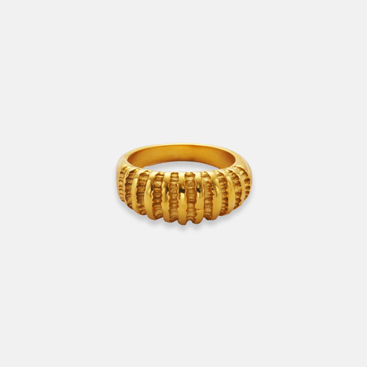 Gold ring with a ribbed design on a light gray background