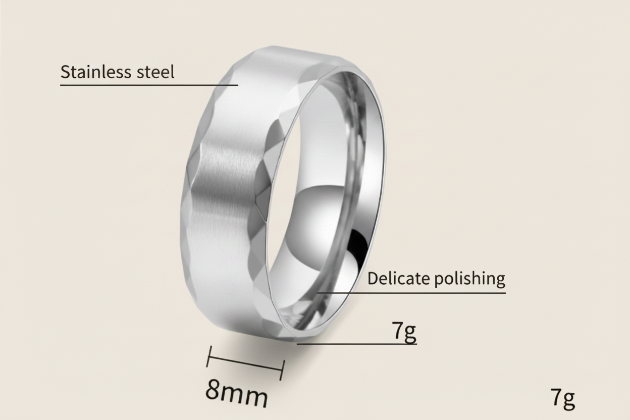 Silver ring with text indicating high-quality steel, delicate polishing, size 8mm, and weight 7g on a white background.