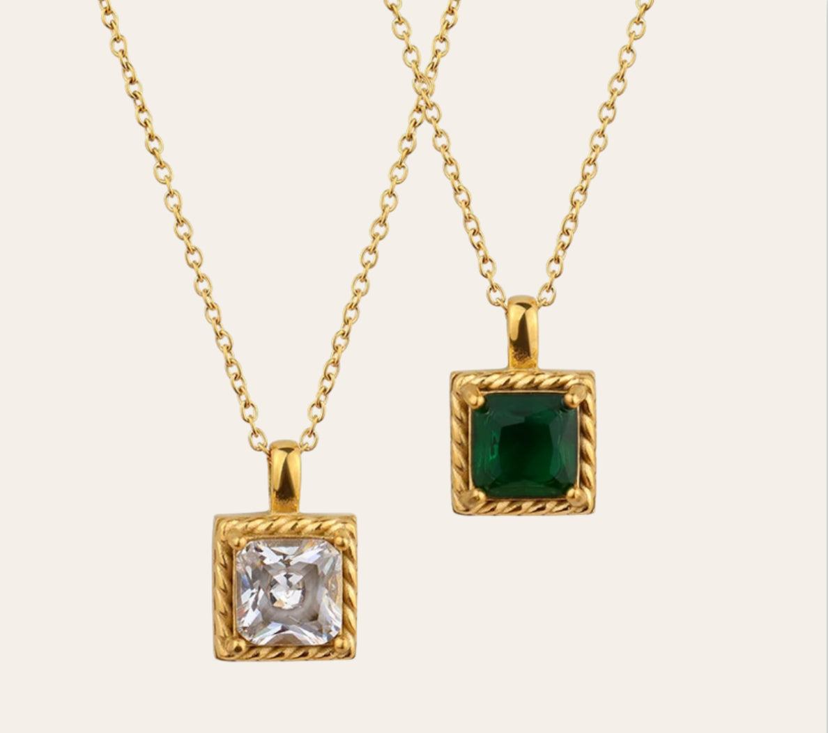 Necklace shown together in clear and emerald-green zircon variants