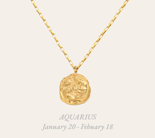 Aquarius Zodiac Necklace in 18k gold-plated stainless steel, waterproof hypoallergenic astrology jewelry