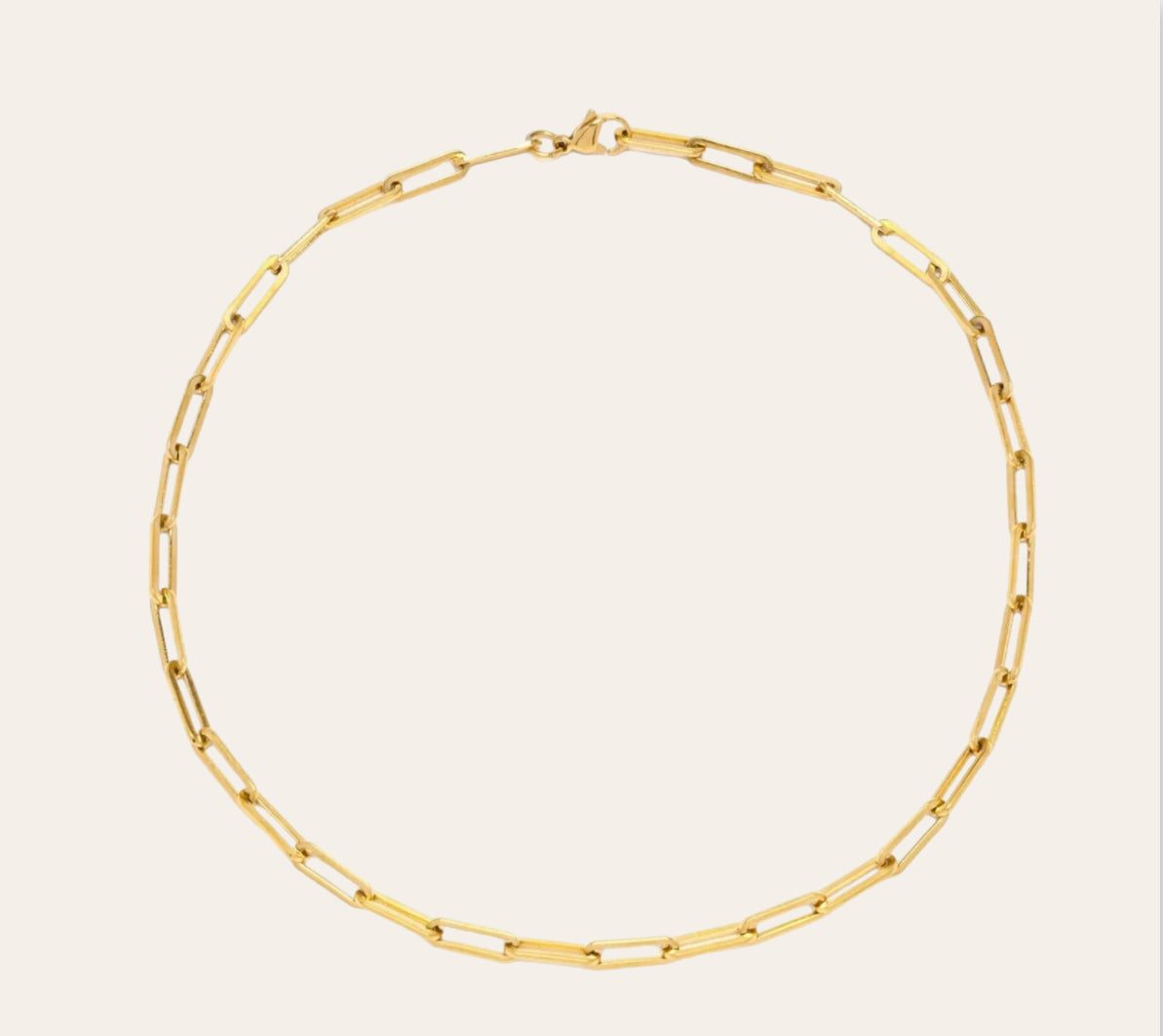 ria Link Necklace in 18k gold-plated 316L, rectangular paperclip links, plain background