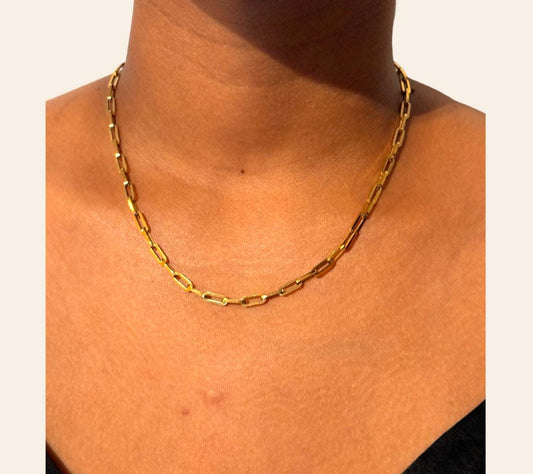 Aria Link Necklace worn on model, polished rectangular links