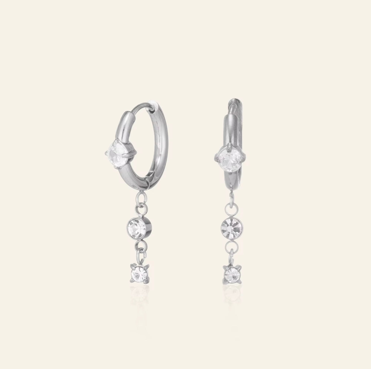 Silver stainless steel hoop earrings with clear zircon drop dangle