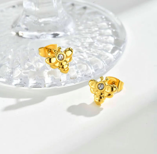 Bee stud earrings in 18k gold-plated stainless steel with clear zircon detail