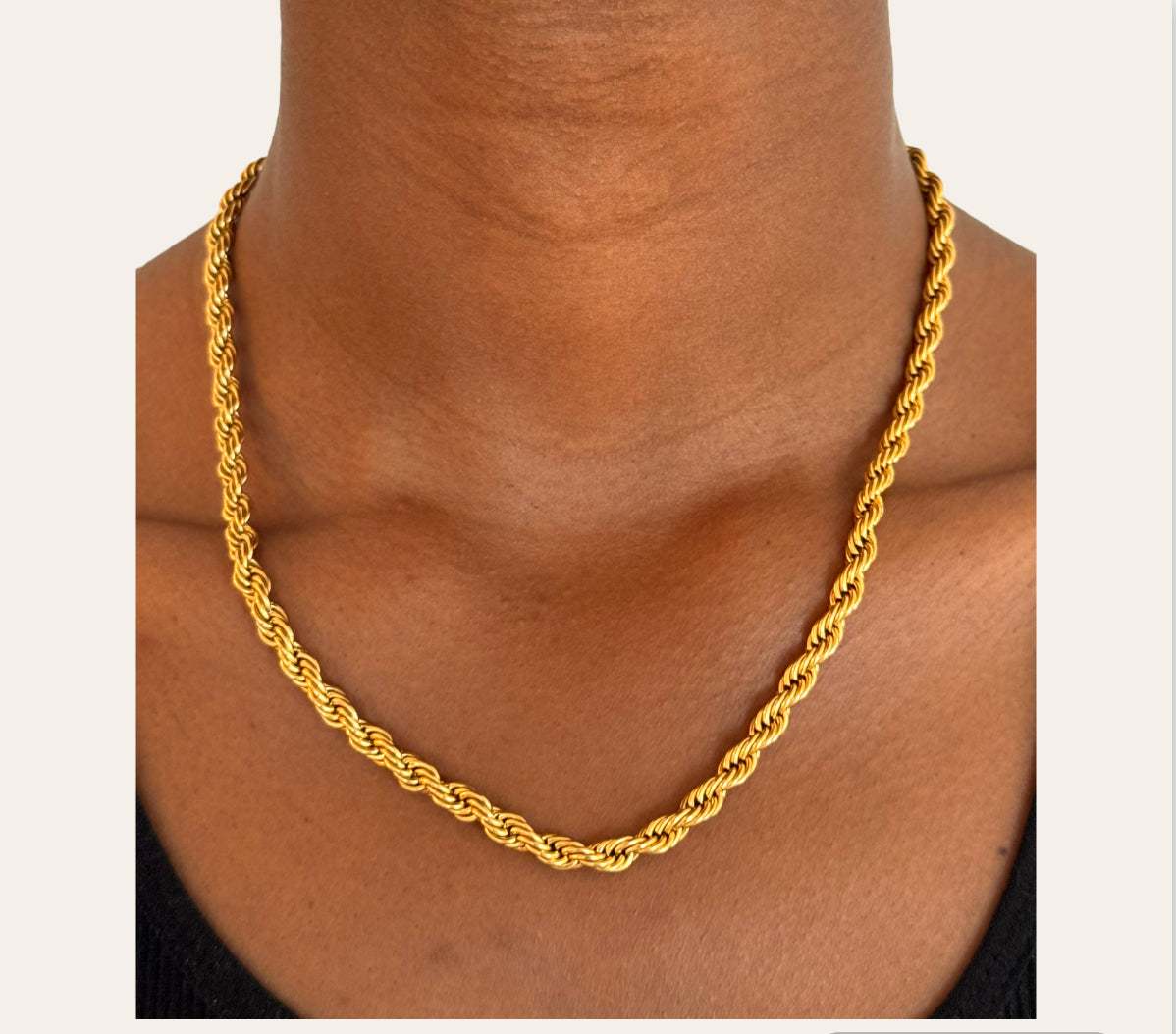 Bella Rope Chain Necklace styled on model, subtle twisted rope links