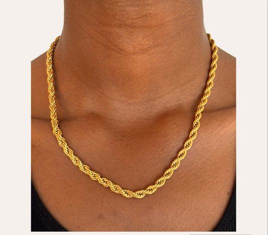 Bella Rope Chain Necklace styled on model, subtle twisted rope links