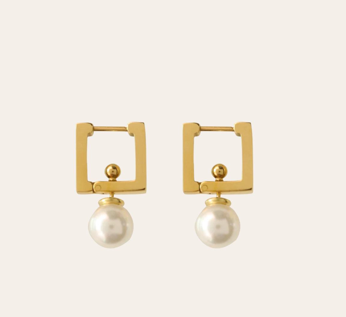 Cara Pearl Earrings — square huggie pearl drop (gold)