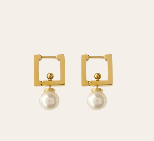 Cara Pearl Earrings — square huggie pearl drop (gold)