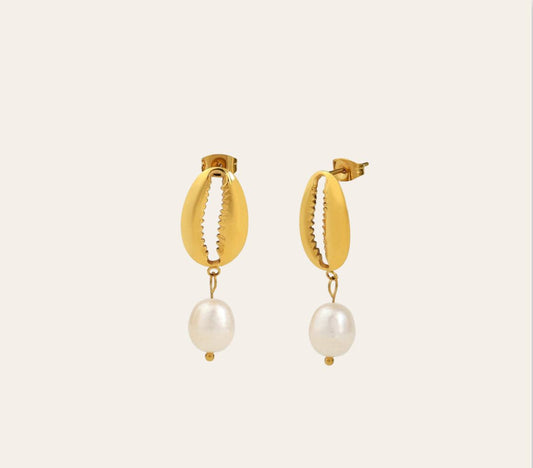 Cowrei Shell Earrings — shell stud with imitation-pearl drop (gold-plated)