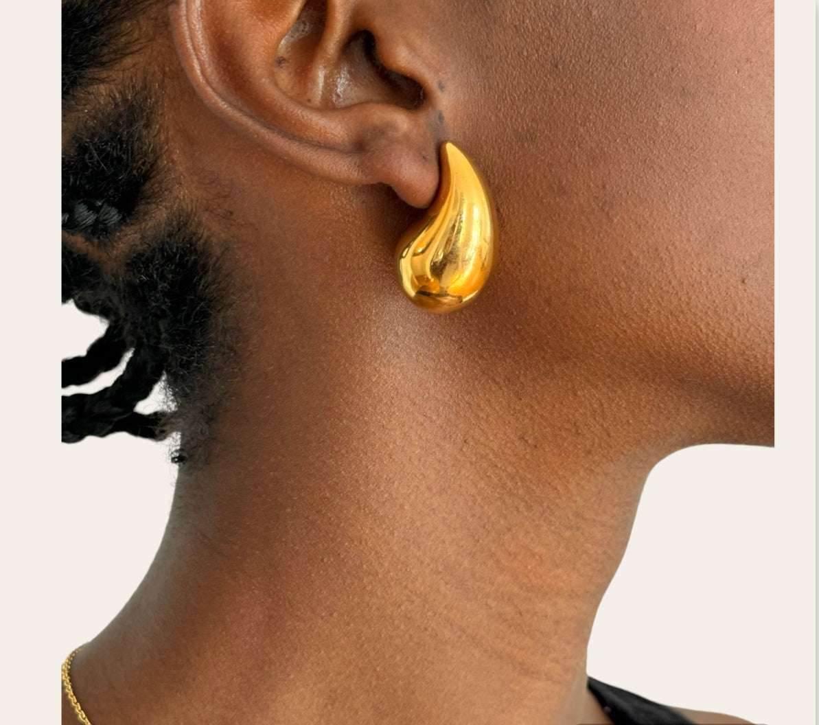 Dew Drop Studs on model gold, lifestyle