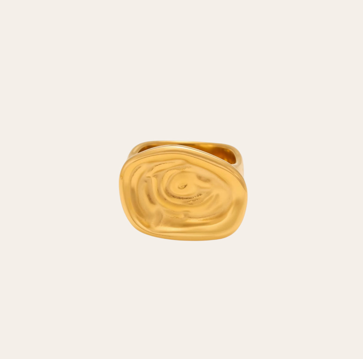 Drift Ring, organic signet in 18k gold-plated 316L stainless steel on plain background