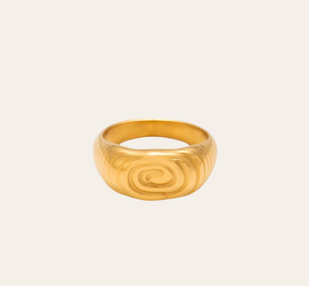 clipse Ring, spiral signet dome in 18k gold-plated 316L stainless steel on plain background