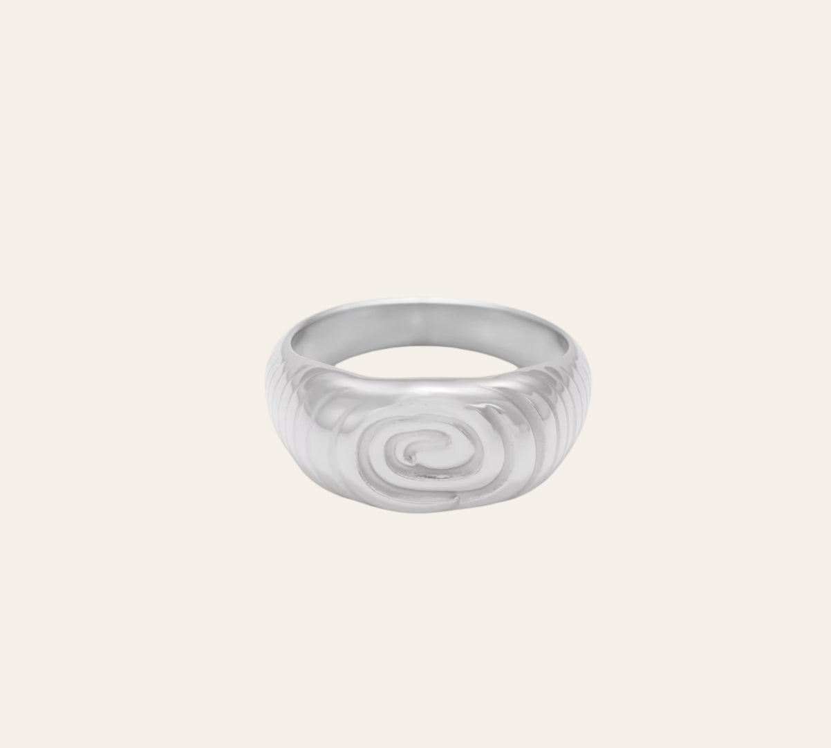 Eclipse Ring, spiral signet dome in polished 316L stainless steel on plain background
