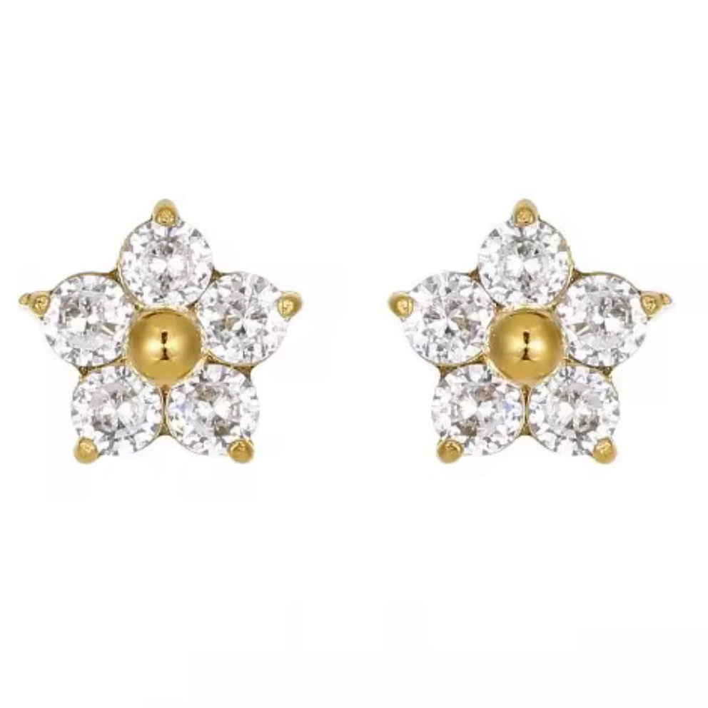 Close-up of clear zircon petals on Flora flower stud earrings