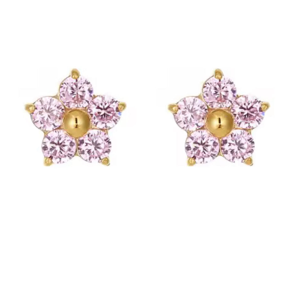 Close-up of pink zircon petals on Flora flower stud earrings