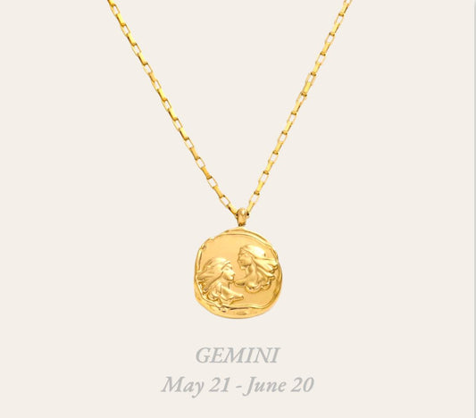 Gemini Zodiac Necklace in 18k gold-plated stainless steel, waterproof hypoallergenic astrology jewelry