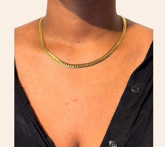 Harmony Link Necklace worn on model, polished chevron-style link design
