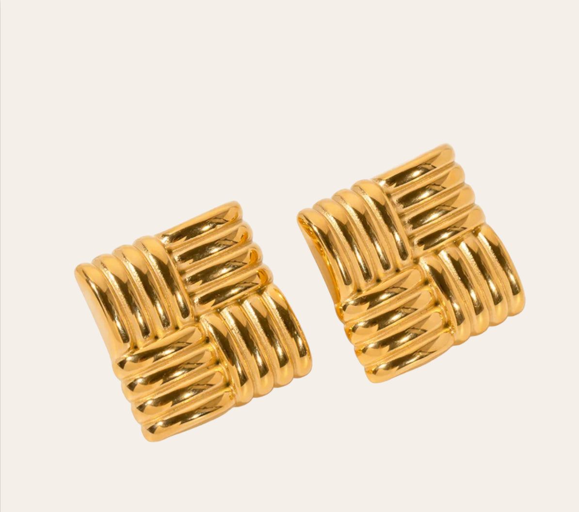 Jade Earrings  ribbed square studs (18k gold-plated stainless steel), plain