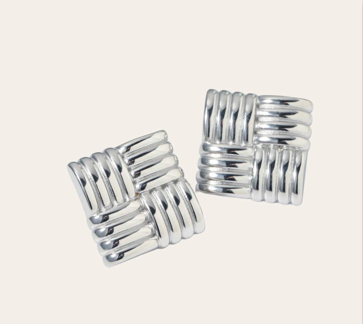 Jade Earrings ribbed square studs (stainless steel), plain