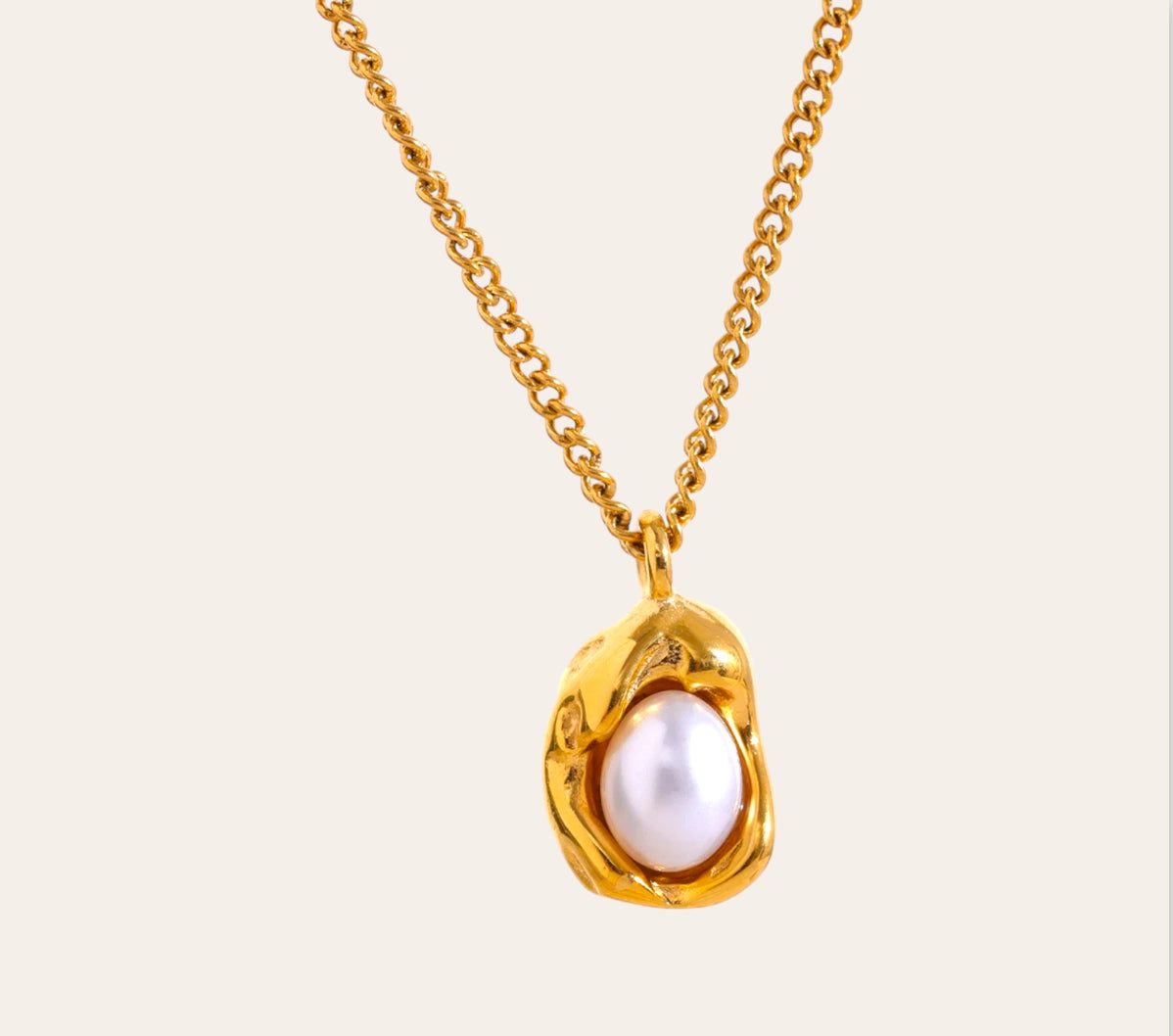 Luna Orb Necklace with imitation pearl in molten gold-plated bezel, 316L stainless steel