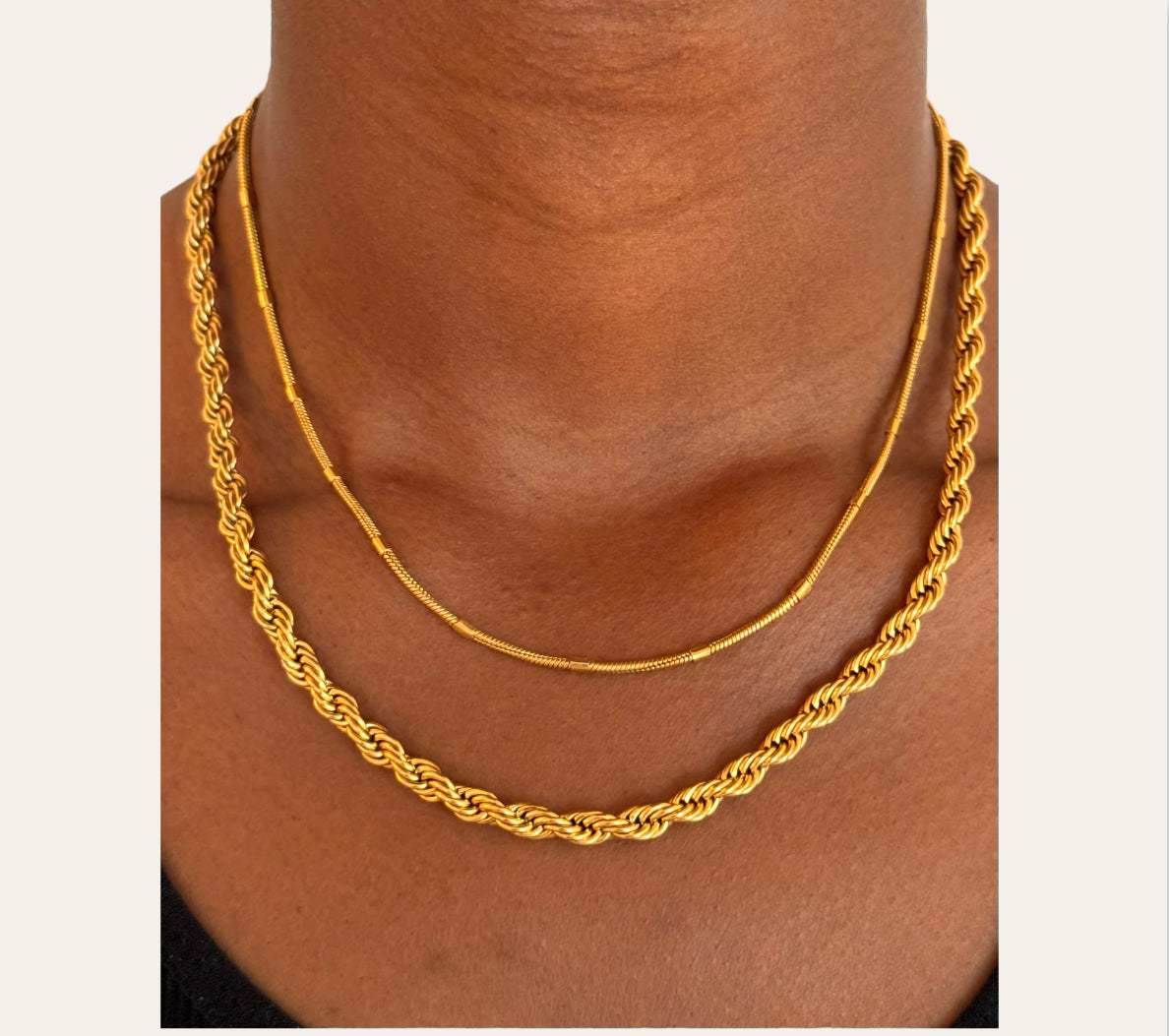 Mira Station Necklace in 18k gold-plated 316L worn on model, sleek station design