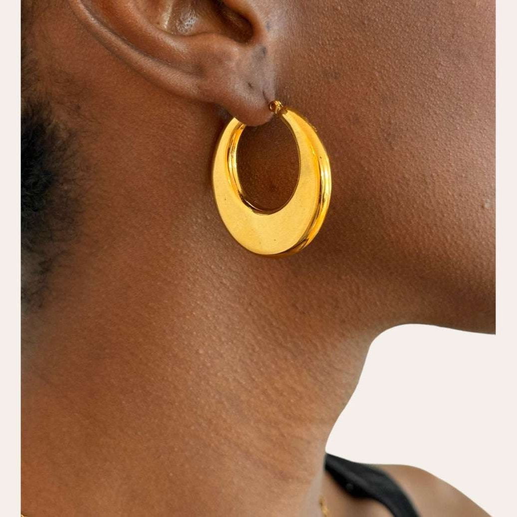 Moon Earrings on model  crescent dome hoops, 36 mm