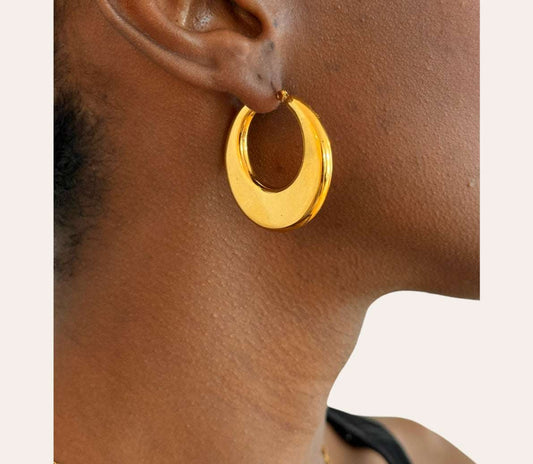 Moon Earrings on model  crescent dome hoops, 36 mm