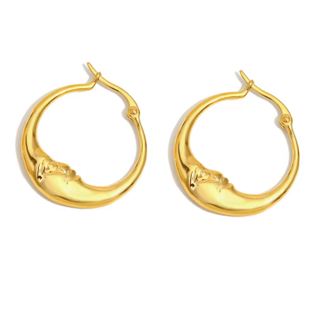 Gold moon face earrings featuring elegant polished faces with subtle artistic details.