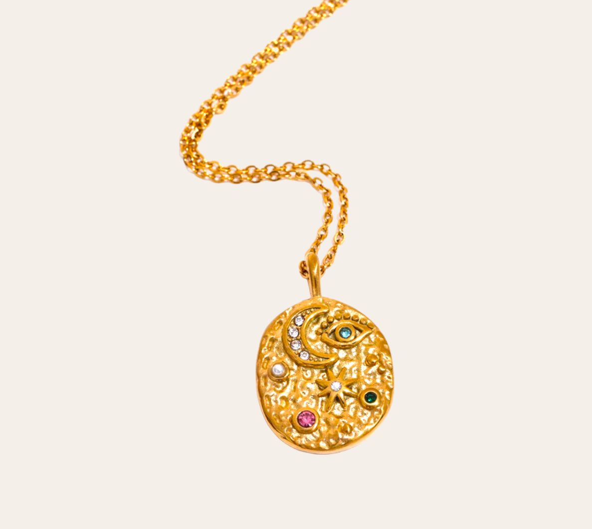 Moonstone Necklace with celestial medallion—crescent moon, zircon and pearl accents, 18k gold-plated 316L