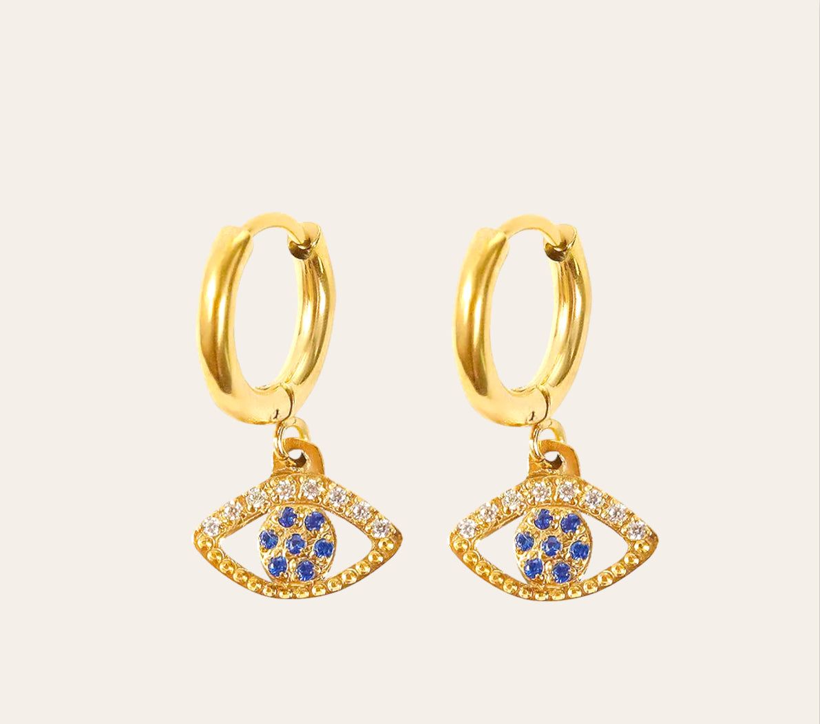 Oceania Hoop Earrings — evil-eye charm huggies, blue zircon (gold-plated)