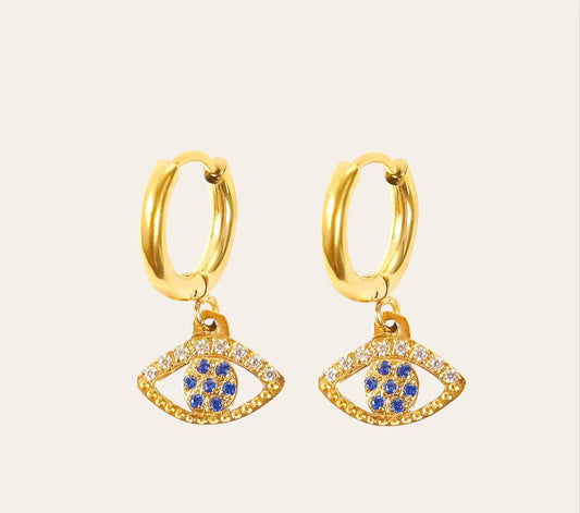 Oceania Hoop Earrings — evil-eye charm huggies, blue zircon (gold-plated)